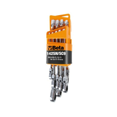 Set di 9 chiavi combinate a cricchetto articolate, con supporto
