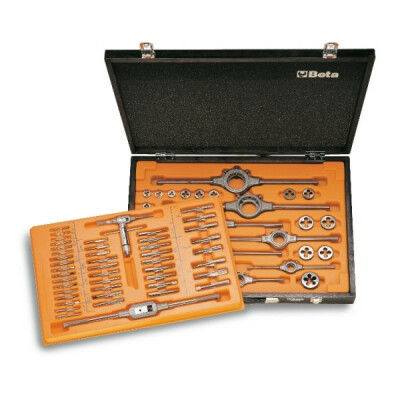 Assortimento di maschi e filiere in acciaio HSS e accessori filettatura metrica in cassetta di legno
