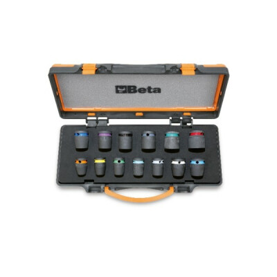 Set di 12 bussole a impulsi colorate con 1/2 quadro, fosfatate, in scatola di metallo