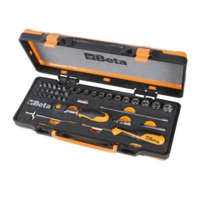 Assortimento di 12 chiavi a bussola esagonali, 20 punte per cacciaviti e 7 accessori in morbida scatola di metallo termoformato