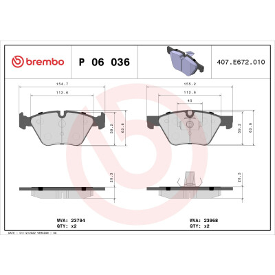 Kit pastiglie freno, Freno a disco BREMBO P 06 036X