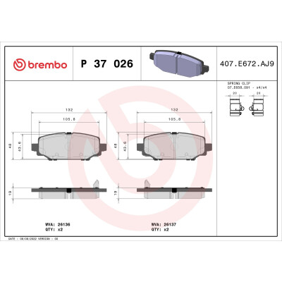 Kit pastiglie freno, Freno a disco BREMBO P 37 026