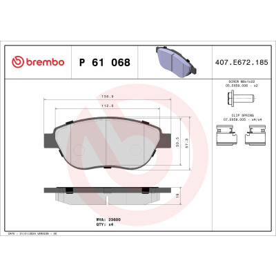 Kit pastiglie freno, Freno a disco BREMBO P 61 068X