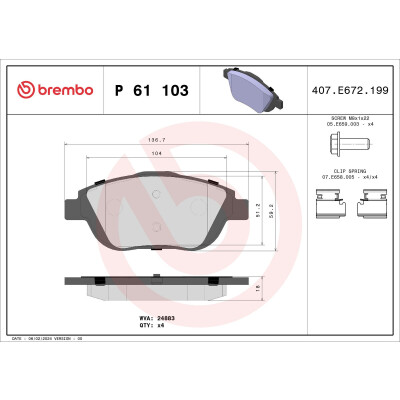 Kit pastiglie freno, Freno a disco BREMBO P 61 103X