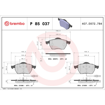 Kit pastiglie freno, Freno a disco BREMBO P 85 037X