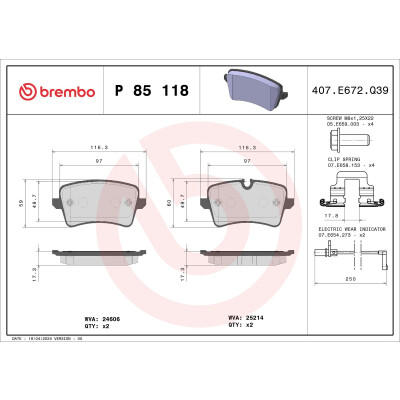 Kit pastiglie freno, Freno a disco BREMBO P 85 118X