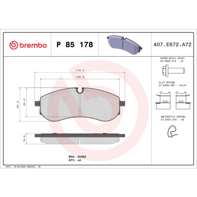 Kit pastiglie freno, Freno a disco BREMBO P 85 178
