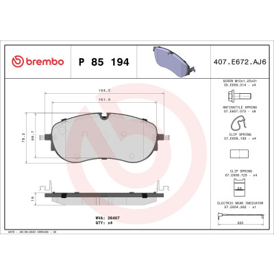 Kit pastiglie freno, Freno a disco BREMBO P 85 194